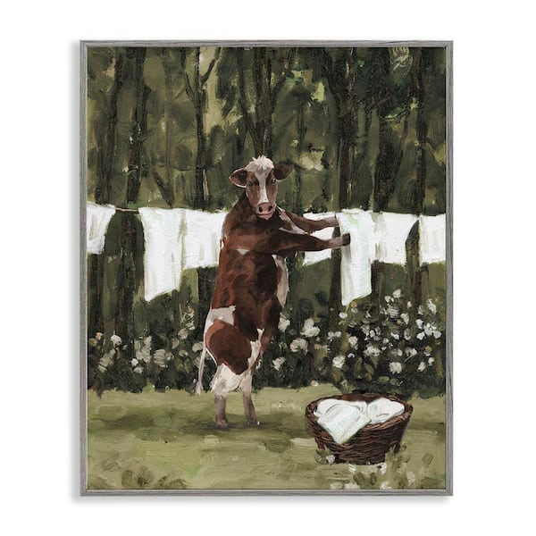 Stupell Industries Brown Cow Doing Laundry by White Ladder Gray