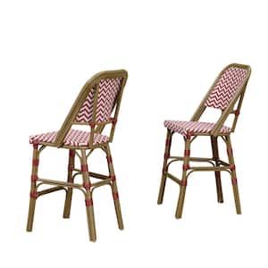 French Counter Height Bamboo Print Finish Aluminum with Hand-Woven Rattan Outdoor Bar Stool, Red (2-Pack)
