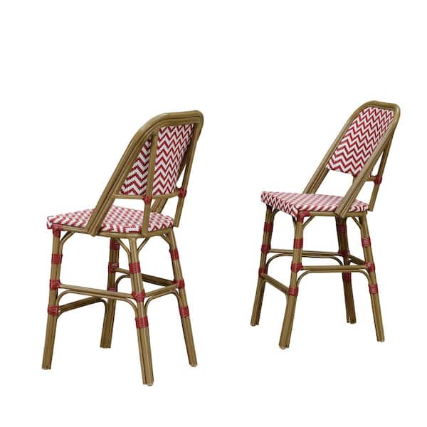 PURPLE LEAF French Counter Height Bamboo Print Finish Aluminum with Hand-Woven Rattan Outdoor Bar Stool, Red (2-Pack)
