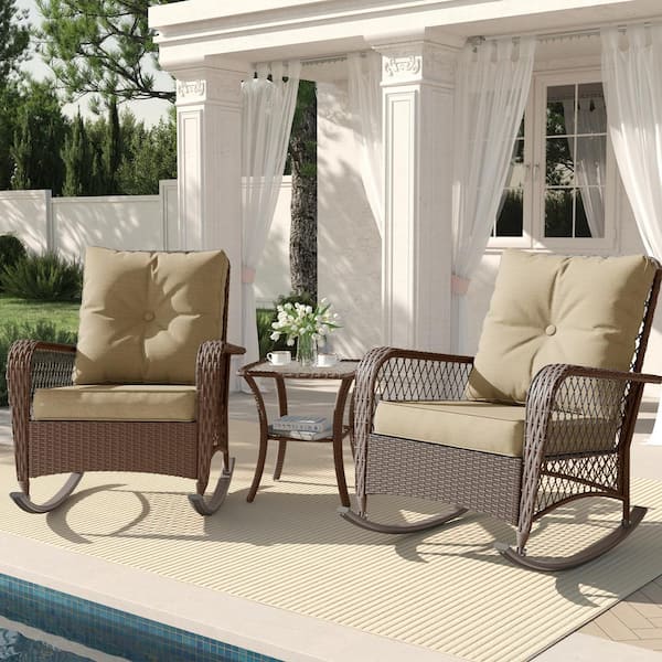 ELPOSUN 3-Piece Brown Wicker Patio Conversation Set 2 Rocking Chairs with Beige Cushions and Side Table