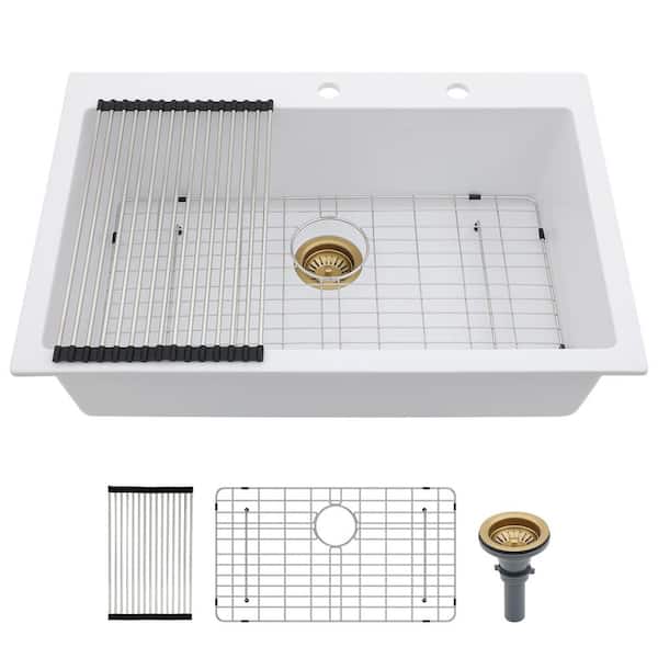 33 in. Drop-In Single Bowl Matte White Round Corner Quartz Composite Kitchen Sink with Roll Up Rack