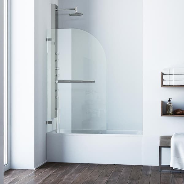 VIGO Orion 34 in. W x 58 in. H Pivot Frameless Tub Door in Stainless Steel with 5/16 in. (8mm) Clear Glass