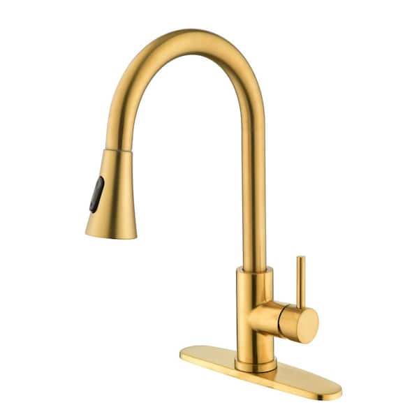Tahanbath Single Handle Pull Out Sprayer Kitchen Faucet Deckplate Included inBrushed Gold