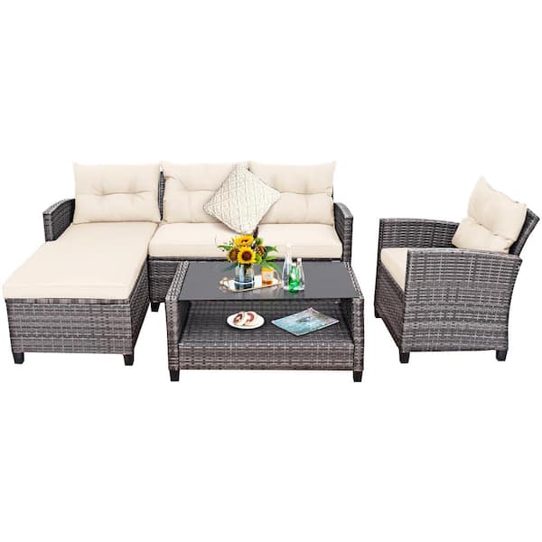 Gymax Pieces Rattan Patio Conversation Furniture Set Outdoor Sectional Sofa Set White