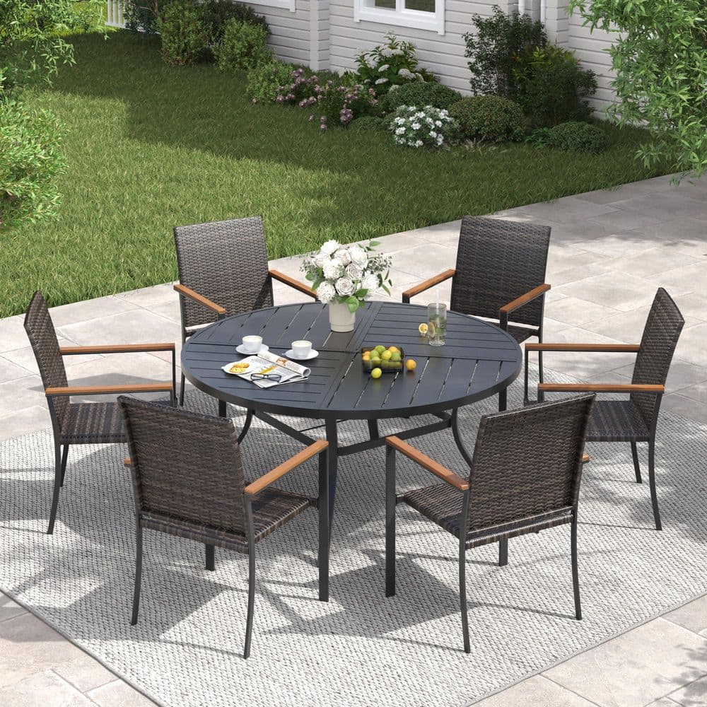 7-Piece Metal Outdoor Dining Set with 50 in. Black Round Dining Table and 6 Brown Wicker Stackable Dining Chairs price history on PriceWatchPro