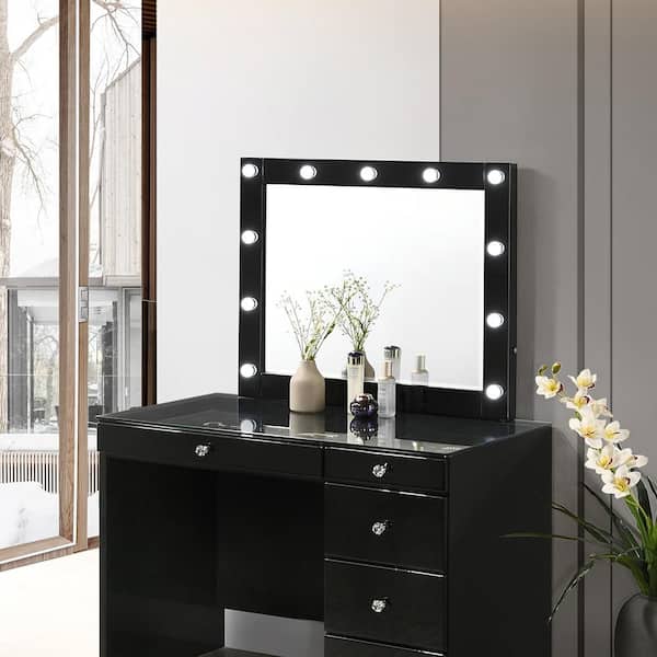 Black 35.3 in. W x 29 in. H Glam Rectangle Wood Framed Mirror Wall Mirror Wall Decor Mirror