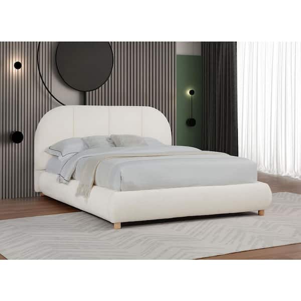 Miro White Wood Frame Queen Platform Bed with Burlap Upholstery