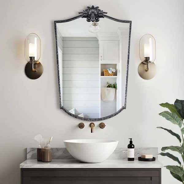 18 in. W x 24 in. H Arched Framed Floating Bathroom Vanity Mirror in Retro Black Carved Finshed
