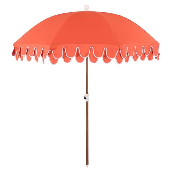 Horizon 6.5 ft. Classic MidCentury Scalloped Fringe Market Beach Umbrella in Coral Red/White, Brown Pole
