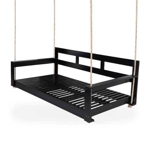 Ricarda 81.9 in. W 2-Person Black Solid Wood Patio Swing with Ropes, Twin Size Porch Swing Daybed Frame