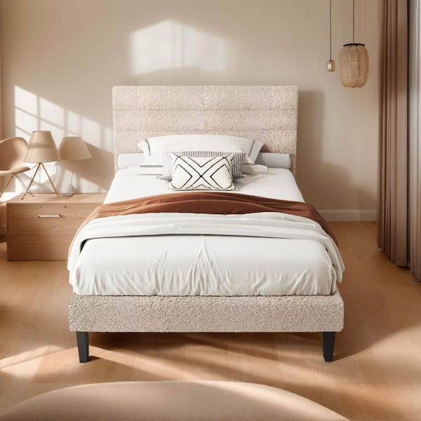 Beige Upholstered Wood Frame Twin Size Boucle Platform Bed with Adjustable Headboard, Cute Fabric Headboard
