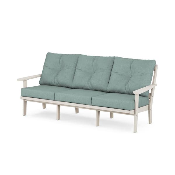 Trex Outdoor Furniture Cape Cod Plastic Outdoor Deep Seating Couch in Sand Castle with Glacier Spa Cushions