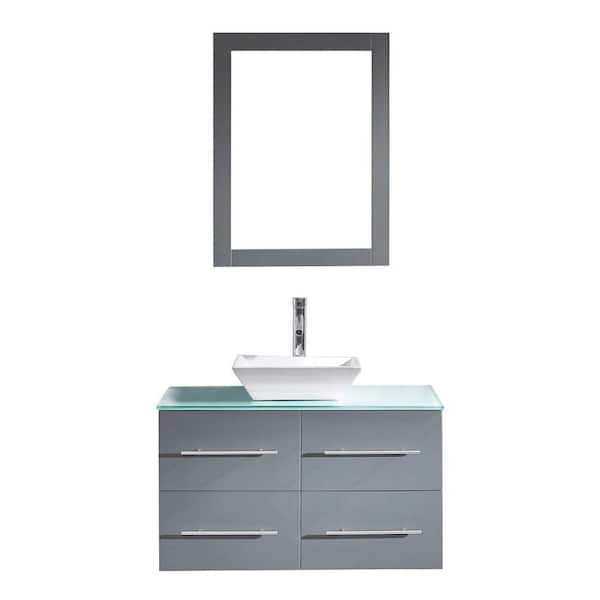 Virtu USA Marsala 36 in. W Bath Vanity in Gray with Glass Vanity Top in Aqua with Square Basin and Mirror