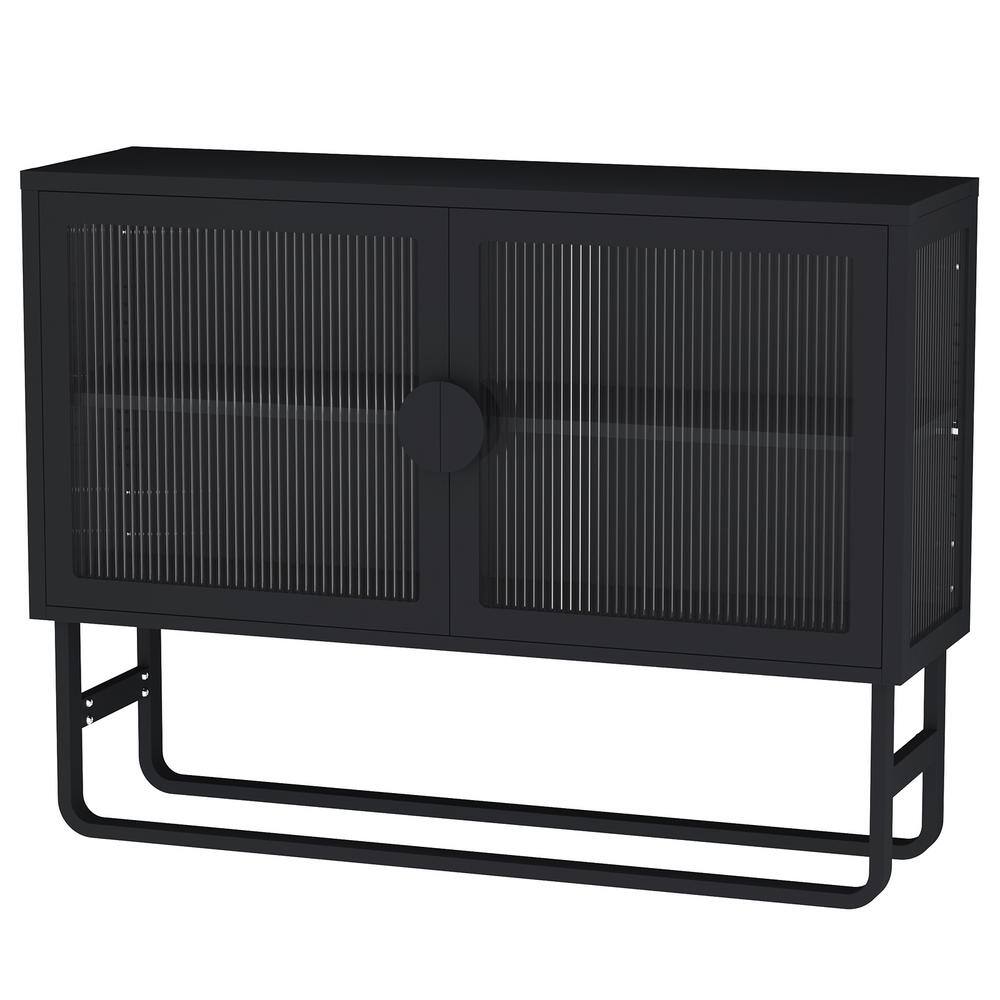 47.24 in. W x 13.58 in. D x 35.43 in. H Black Linen Glass Credenza 2Fluted