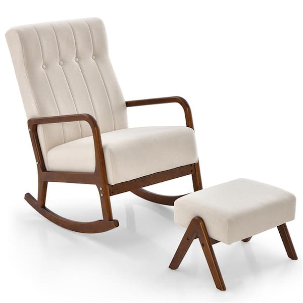 Costway Beige Solid Wood Upholstered Rocking Chair Set of 1 with Ottoman