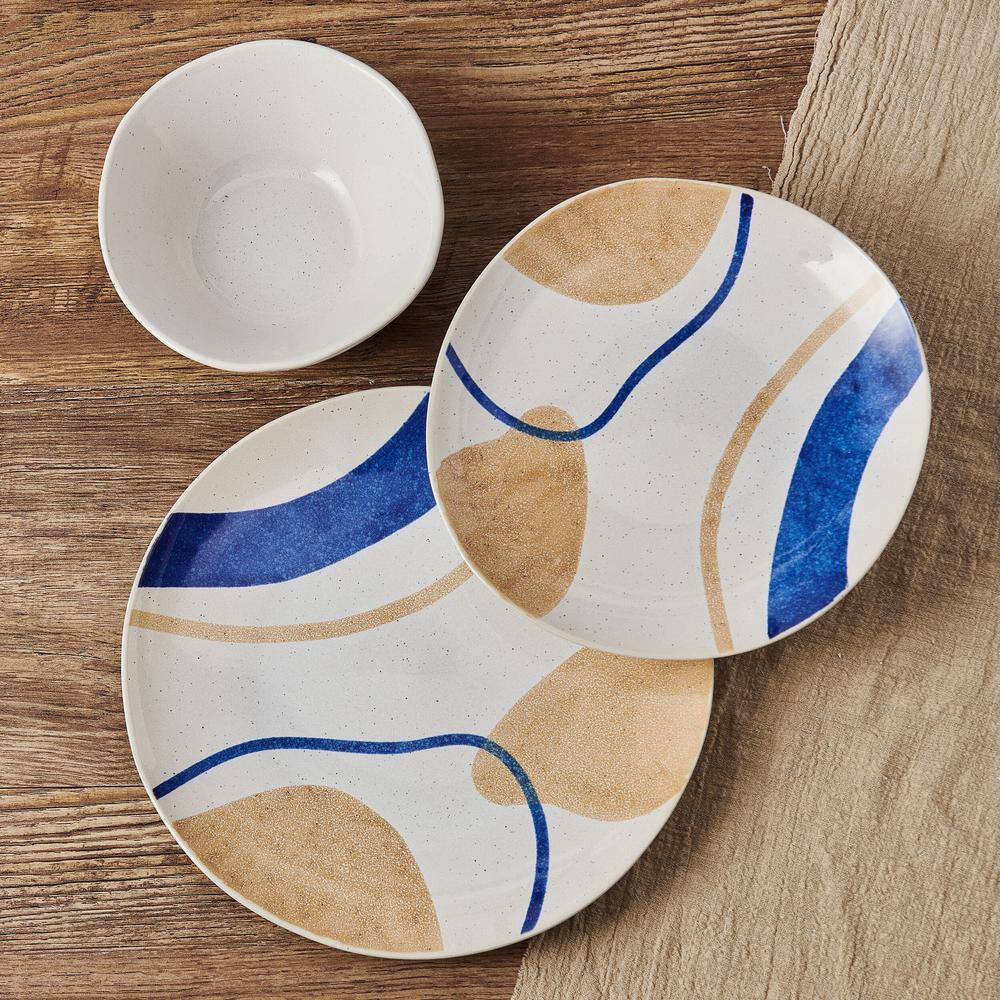Artful Circles Blue and Beige Stoneware Dinnerware Set, Service for 4