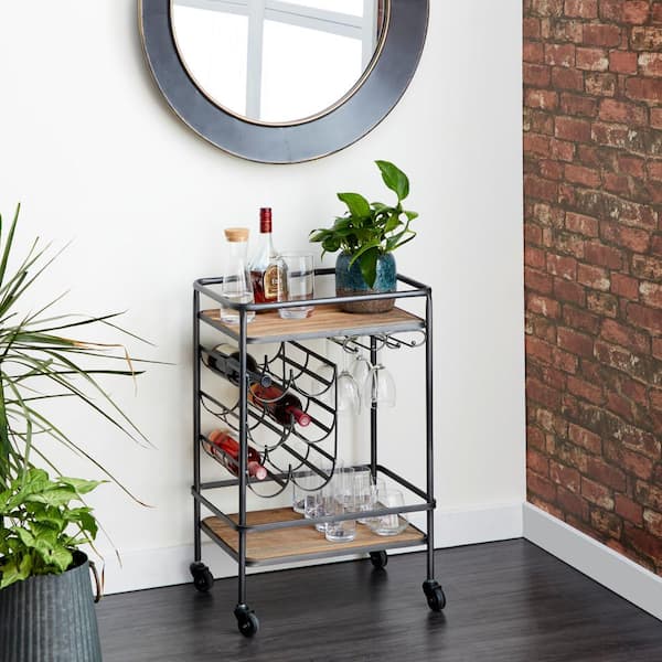 Litton Lane Brown Rolling 2 Shelves Bar Cart