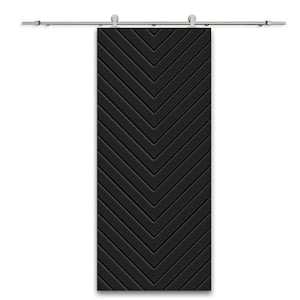 Herringbone 24 in. x 84 in. Black Stained MDF Modern Fully Assembled Sliding Barn Door with Hardware Kit