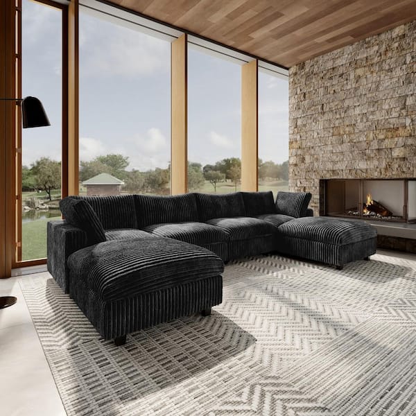 【未使用美品】NEIGHBORHOOD FOLDING SOFA ブラック J&E Home 6-Piece Black Faux Rabbit Fur Fabric Sectional Sofa