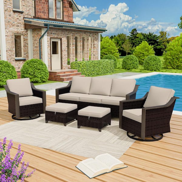 MeetLeisure 5-Piece Wicker Patio Conversation Seating Sofa Set with Beige Cushions and Swivel Rocking Chairs