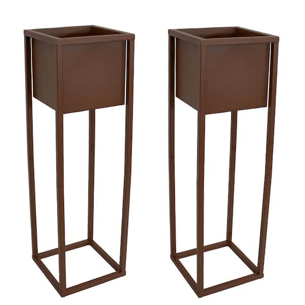 Sunnydaze Sunnydaze Modern Simplicity 8.25 in. W x 27 in. H Brown Steel Square Outdoor Elevated Planter (2-Pack)