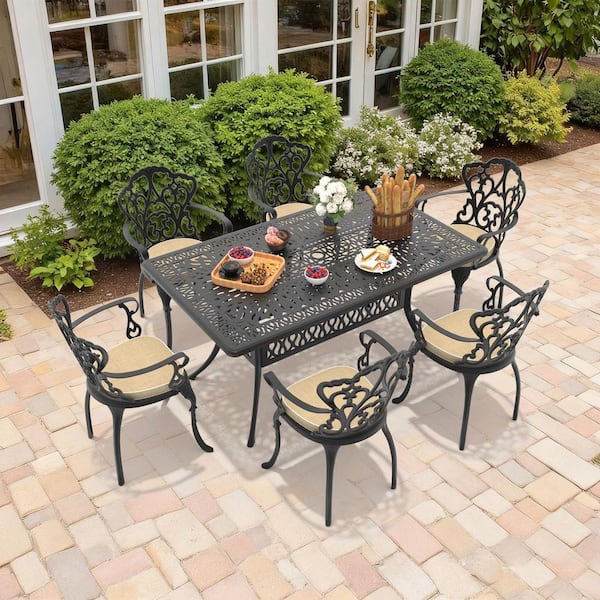 Black 7-Piece Rust-Free Cast Aluminum Outdoor Dining Set with Rectangular Table, 6 Dining Chairs and Off-White Cushions