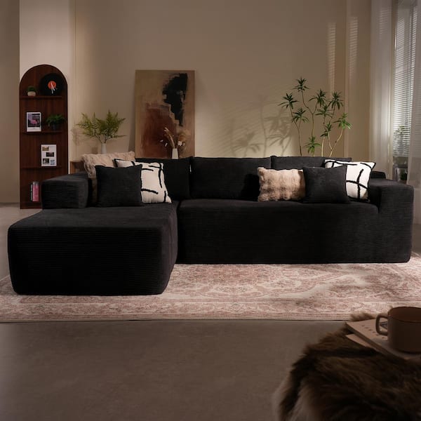 Allwex Verve 106 in. Wide Square Arm 2-Piece Modern Corduroy Fabric L-Shape Modular Sectional Sofa in Black with Left Chaise