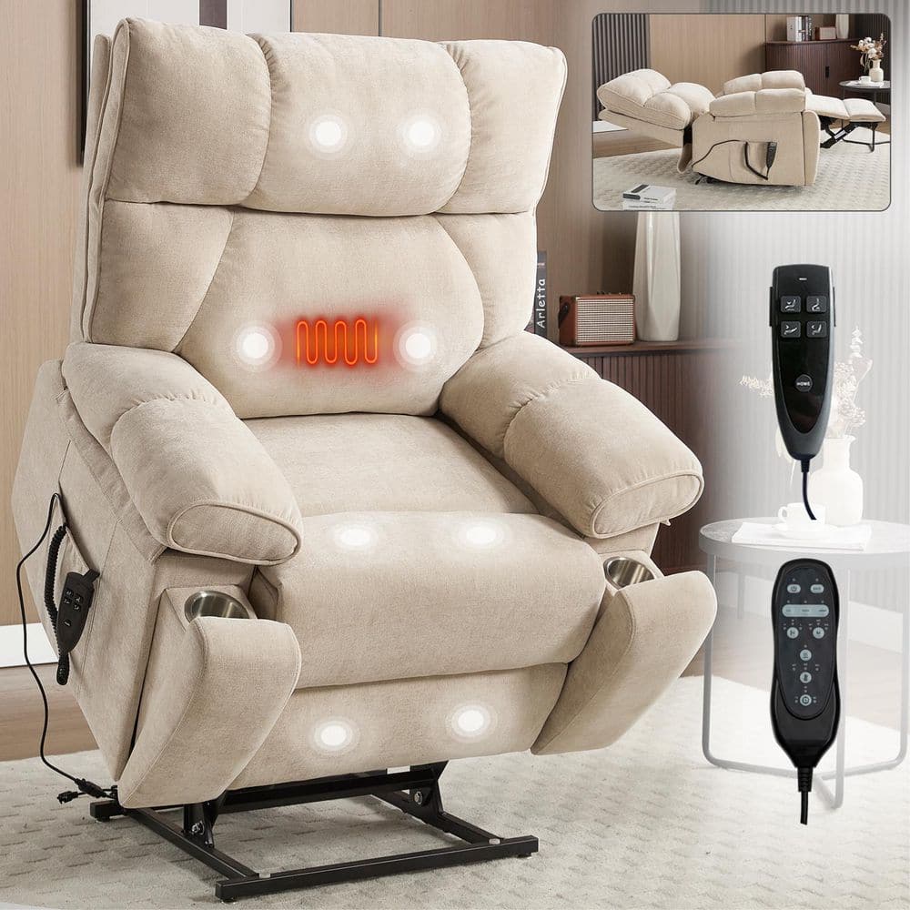 Beige Oversized Dual Motor Chenille Power Lift Recliner with Heat and Massa