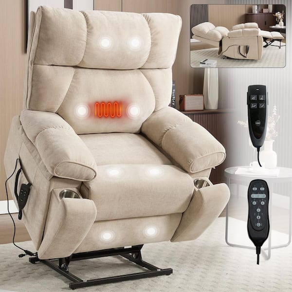 Beige Oversized Dual Motor Chenille Power Lift Recliner with Heat and Massage, 2-Pocket Cup Holders