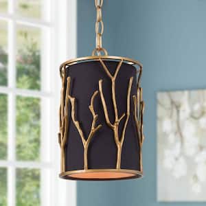 Modern Black Pendant Light with Cylinder Fabric Shade Twig-inspired Antique Copper Cage Decorative Drum Hanging Light