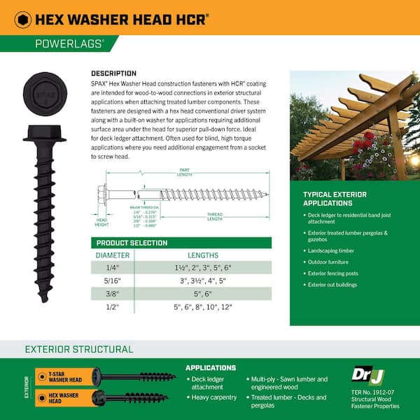 14 X 6 Wood Structural Screws 50 Pcs, Exterior Hex-Head Lag Screws, Black Heavy Duty Construction Timber Log Landscaping Wood Screws, Hex Socket