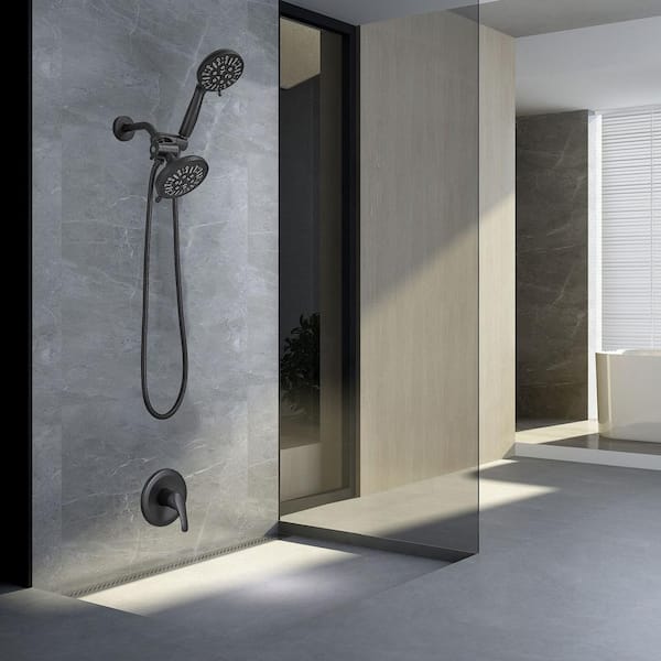 2-in-1 Single Handle 6-Spray Round Rain Shower Faucet 2.5 Gpm with Detachable Handheld Shower in Black(Valve Included)