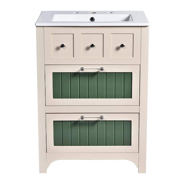 JimsMaison 24 in. W x 18.3 in. D x 33.85 in. H Freestanding Bath Vanity Set in Beige with White Ceramic Top