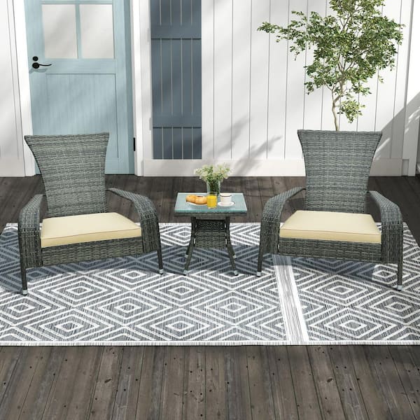 3-Piece Wicker Adirondack Patio Conversation Set with Comfy Seat Beige Cushions