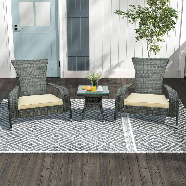 ANGELES HOME 3-Piece Wicker Adirondack Patio Conversation Set with Comfy Seat Beige Cushions