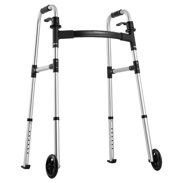 Folding Walker, 2-Button Walker with 5 in. Wheels & 8-Level Adjustable Height, 350LBS. Loading Lightweight Aluminum