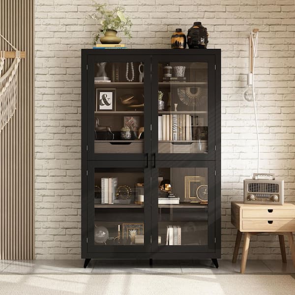 FUFU&GAGA Dark Brown Wood Vertical 47.2 in. Width Jewelry Armoire Storage Cabinet with 5-Shelf, 2-Drawer and Glass Doors