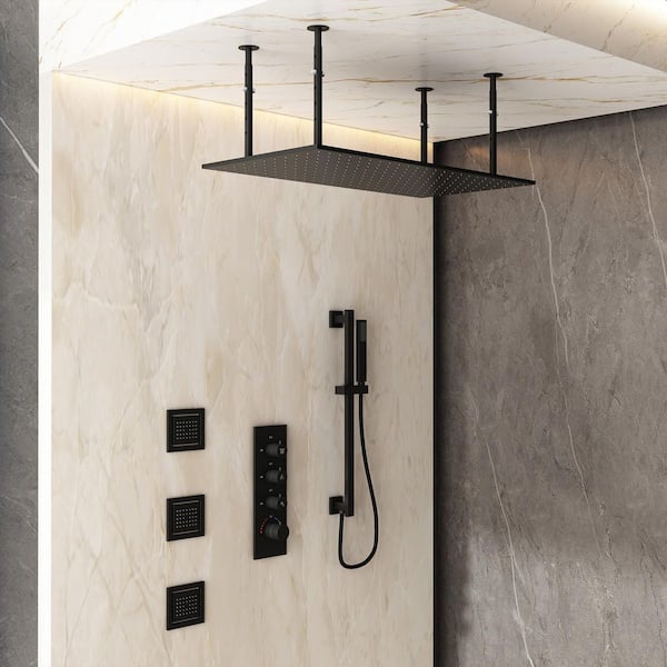 3-Spray Ceiling Mount Thermostatic Fixed and Handheld Dual Shower Head 2.5 GPM with Rod&Body Spray in Matte Black