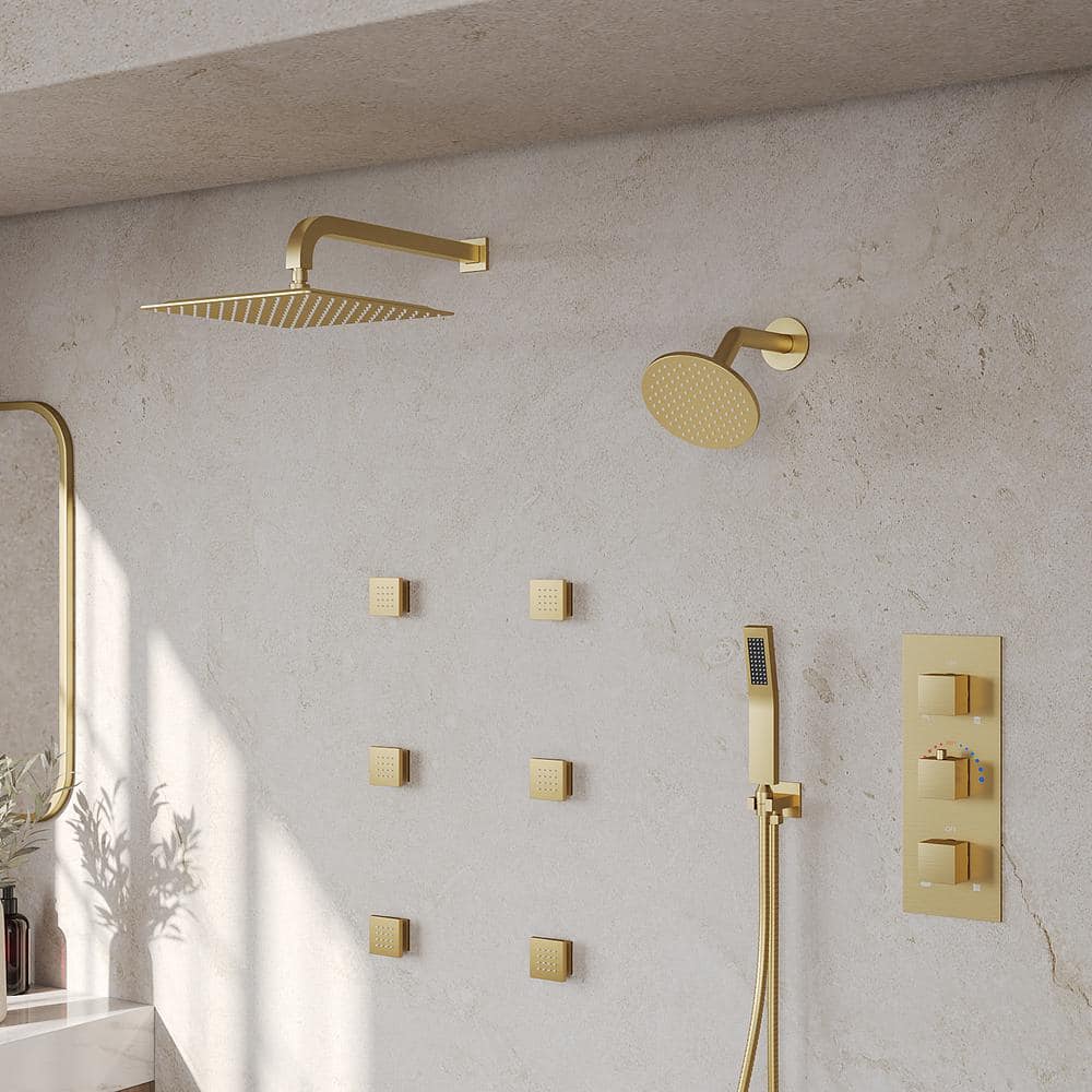 Brushed Gold Wall Mounted Dual Shower System with Body Jets