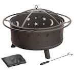 30 in. Round Steel Star and Moon Firepit with Cover