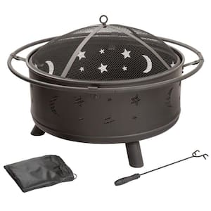 30 in. Round Steel Star and Moon Firepit with Cover