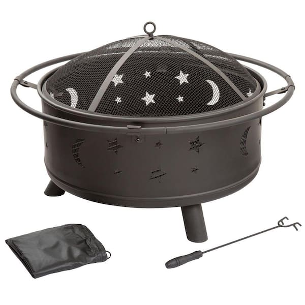 Pure Garden 30 in. Round Steel Star and Moon Firepit with Cover