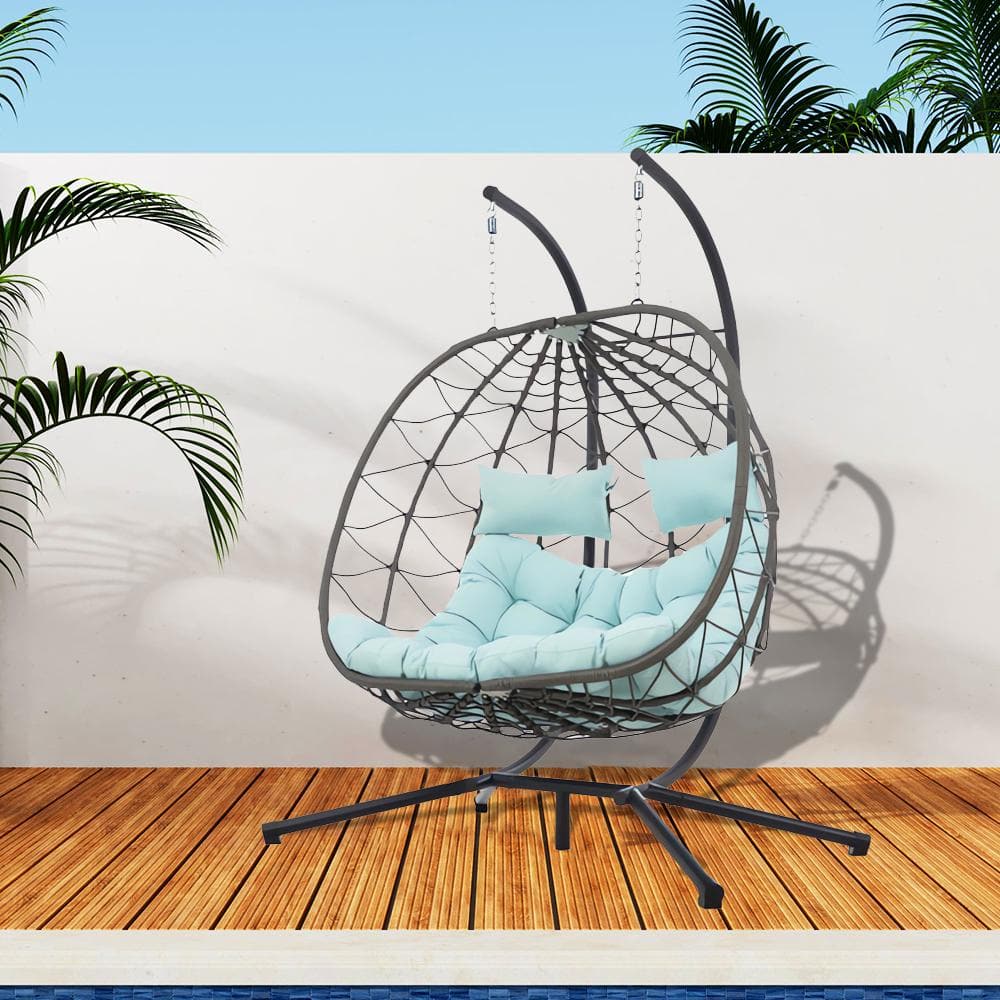 Gray Steel 2-Person Egg Chair with Blue Cushions