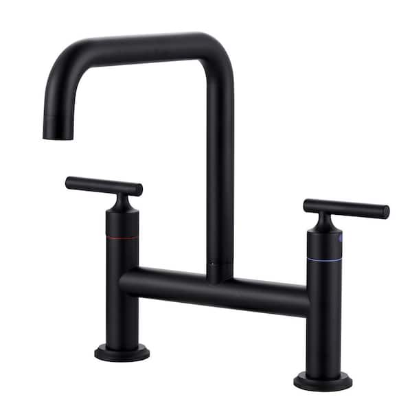 Double Handle 2-Hole Solid Brass Bridge Kitchen Faucet with 360° Rotation Spout in Matte Black