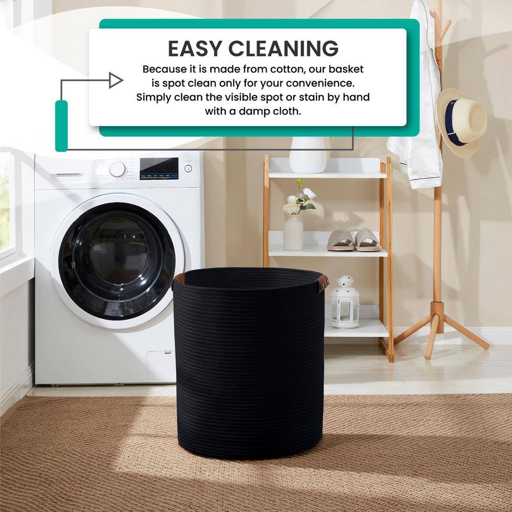 Large Black Cotton Rope Cylinder Laundry Hamper with Leather Handles