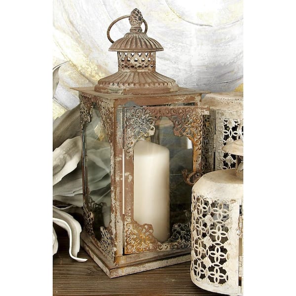 Litton Lane 13 in. H Gray Metal Decorative Candle Lantern with Handle