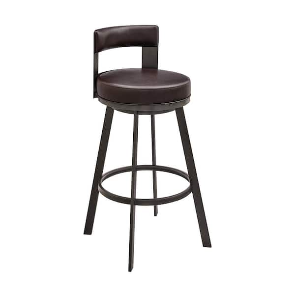 Benjara 29 in. Brown and Brown Low Back Metal Frame Counter Stool with Faux Leather Seat