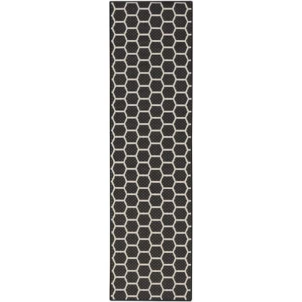 Reversible Indoor Outdoor Black 2 ft. x 6 ft. Honeycomb Contemporary Runner Area Rug