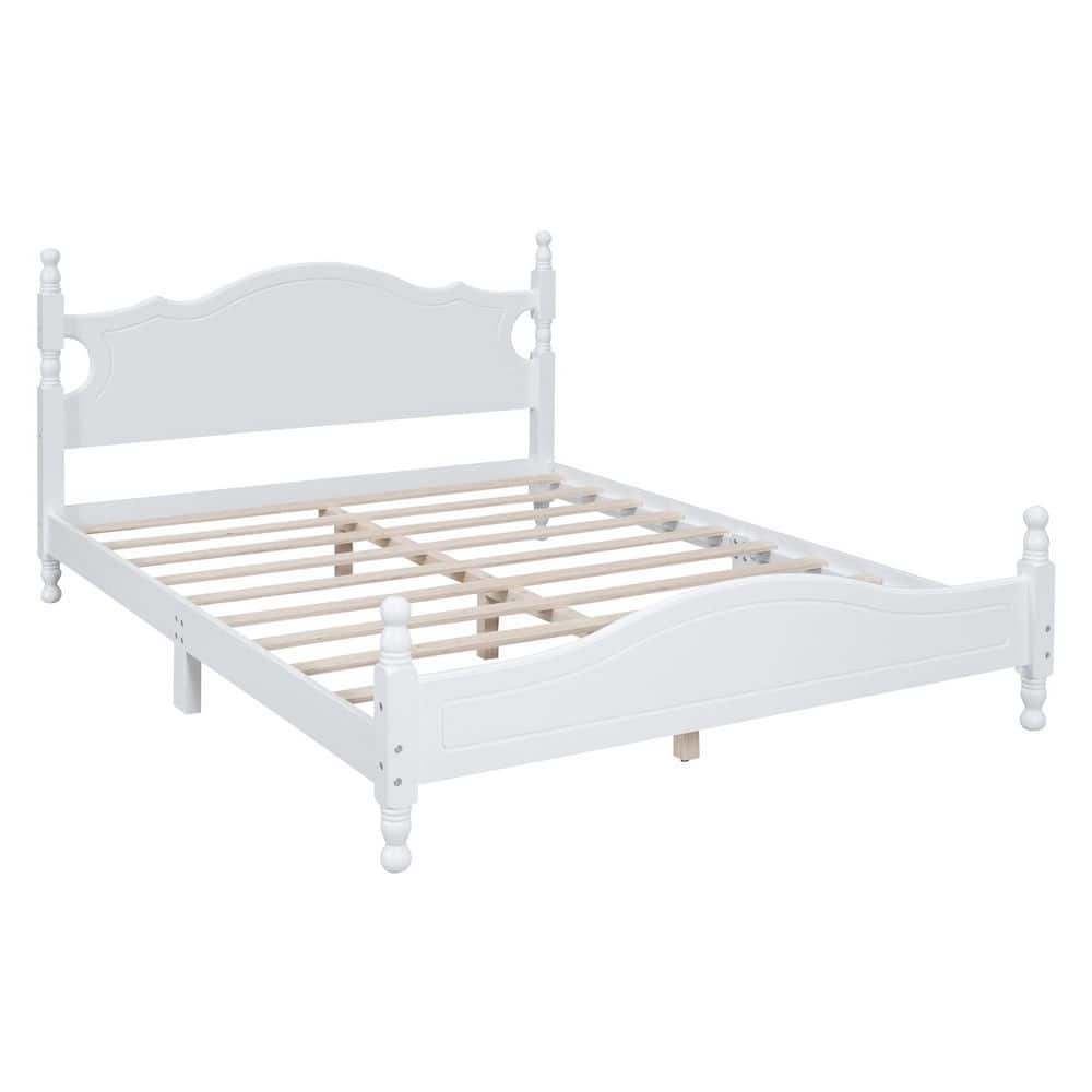 White Wood Frame Queen Size Platform Bed with Wooden Slat Support Sturdy Mattress Foundation