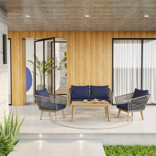 TK CLASSICS Outdoor 4-Piece Wicker Rope, Acacia Wood and Aluminum Conversation Set with Navy Blue Cushions